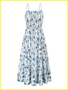 Boho Maxi Sundress with Pockets Smocked Waist Adjustable Straps Sleeveless